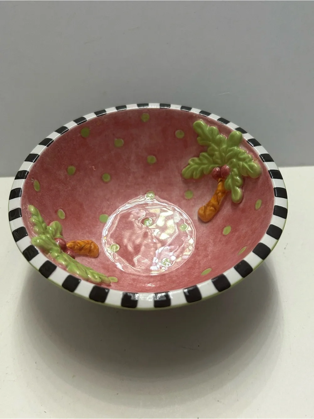 Hand Painted 3D Palm Tree Ceramic Bowl Checkered Rim Polka Dot Dish